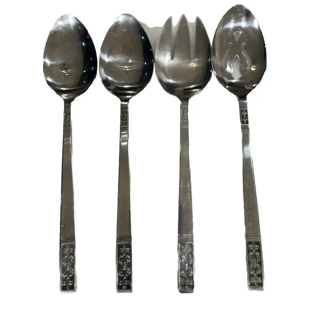 Vtg Set of 4 Fleur de‎ Lis Serving Pieces Stainless Flatware Taiwan Customcraft